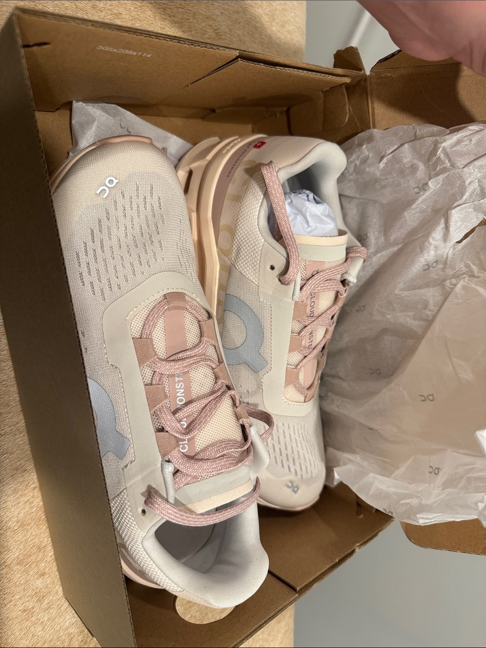 On Cloudmonster Running Women's Athletic Shoes in Blush Pink and Cream